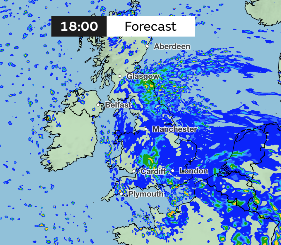 Rainfall forecast for 6pm Monday. (Met Office)