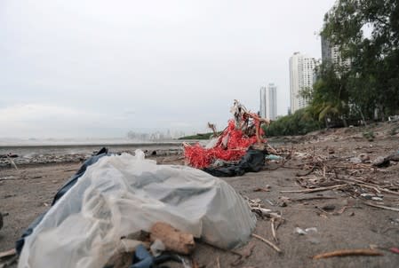Plastic waste pile and debris are seen up near the beach in Panama City