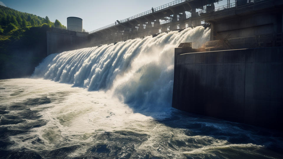 A vast hydroelectric generation plant with a powerful waterfall cascading downwards.