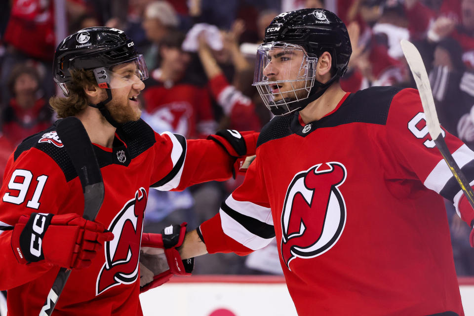 NEWARK, NJ - MAY 07: New Jersey Devils right wing Timo Meier (96) celebrates with New Jersey Devils center Dawson Mercer (91) after scoring a goal during Game 3 of an Eastern Conference Second Round playoff game between the Carolina Hurricanes and the New Jersey Devils on May 7, 2023, at Prudential Center in Newark, New Jersey. (Photo by Andrew Mordzynski/Icon Sportswire via Getty Images)