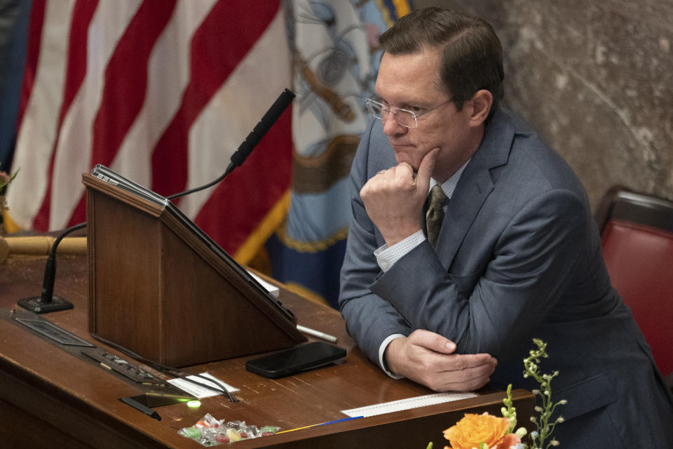 House Speaker Cameron Sexton, R-Crossville, looks out onto the floor of the House chamber during a legislative session Wednesday, April 19, 2023, in Nashville, Tenn. (AP Photo/George Walker IV)