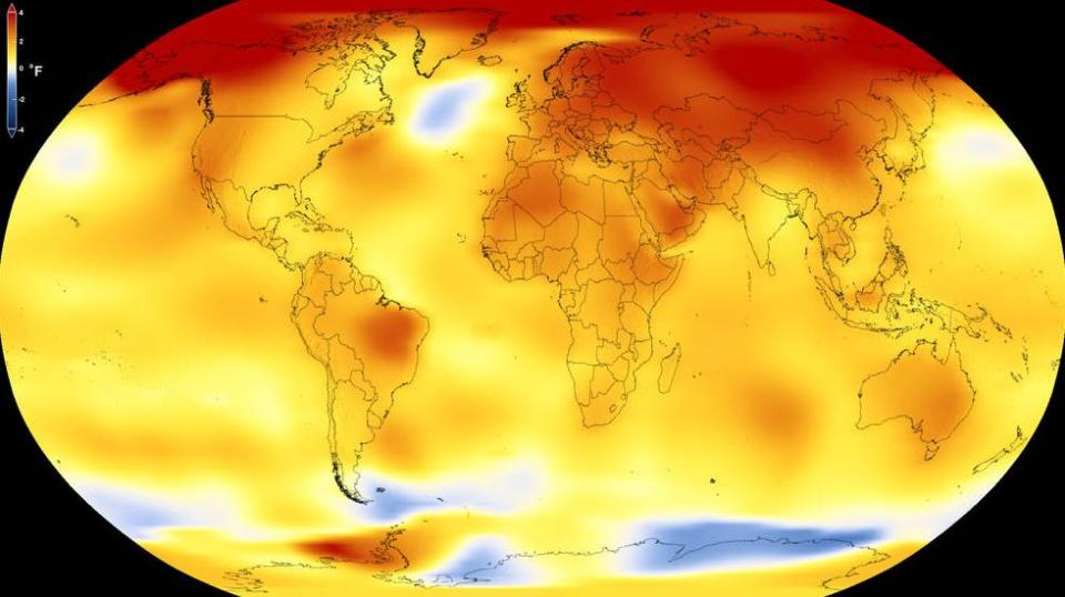 This map from NASA shows average global temperature from 2013 to 2017, as compared to a baseline average from 1951 to 1980. Yellows, oranges, and reds indicate regions where temperatures were warmer than the baseline. (Photo: NASAs Scientific Visualization Studio)