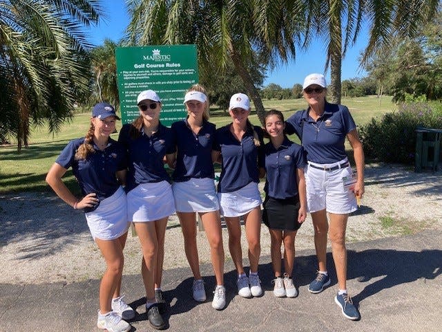 The Naples girls golf team won the district title. The team members ae Eliza Kodak, Greta Olson
Olivia Cardeso, Emily Sams, Bella Rowland and 
coach Sue Black.