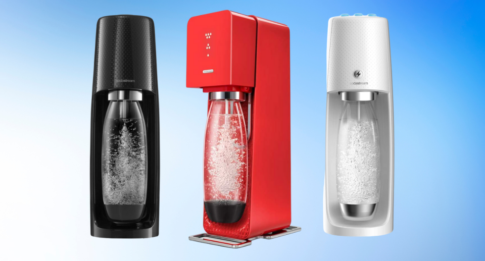 Save up to 37 per cent on select SodaStream machines right now black red and white sodastream sparkling water machines