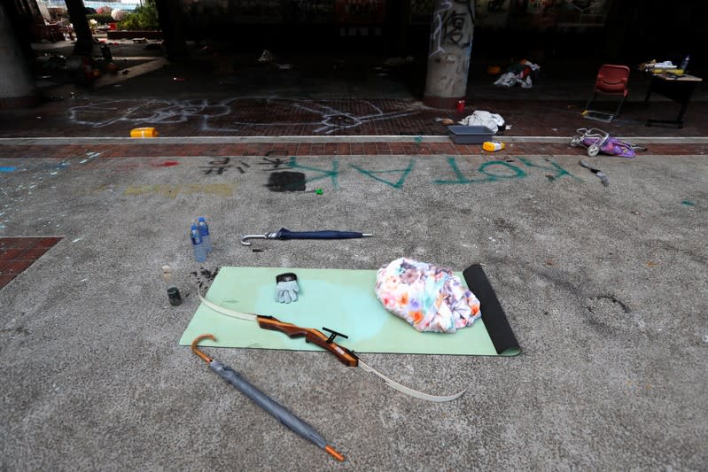 Items left behind by protesters are seen inside Hong Kong Polytechnic University (PolyU) in Hong Kong, China