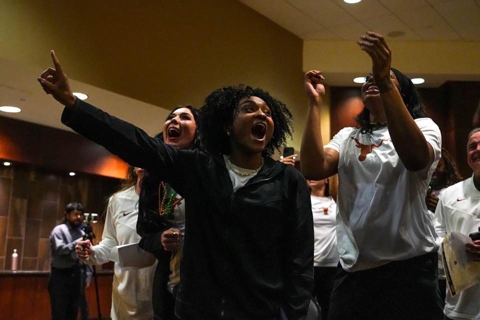 Rori Harmon reacts to the Texas Longhorns being selected as the region four No. 1 seed in the NCAA women’s basketball tournament selection show at UT on Sunday.