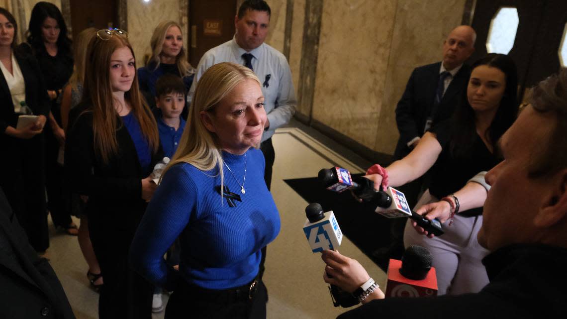 Cassie Muhlbauer, the widow of Kansas City police officer James Muhlbauer, told members of the media that they were very satisfied with the outcome of the sentencing of the man who recklessly caused the crash that killed her husband and a bystander. A Jackson County judge sentenced Jerron Lightfoot to 10 years in prison. Muhlbauer’s K9 partner, Champ, was also killed in the crash. Robert A. Cronkleton/bcronkleton@kcstar.com