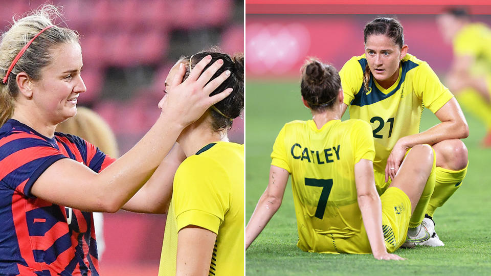 Pictured here, Matildas players look upset after losing their bronze medal match to the USA.