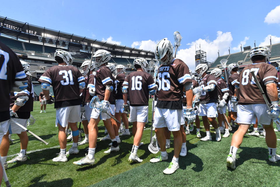 PHILADELPHIA, PENNSYLVANIA - MAY 26: Tufts University Jumbos prep for the Division III Men's Lacrosse Championship held at Lincoln Financial Field on May 26, 2024 in Philadelphia, Pennsylvania.  (Photo by Larry French/NCAA Photos via Getty Images)