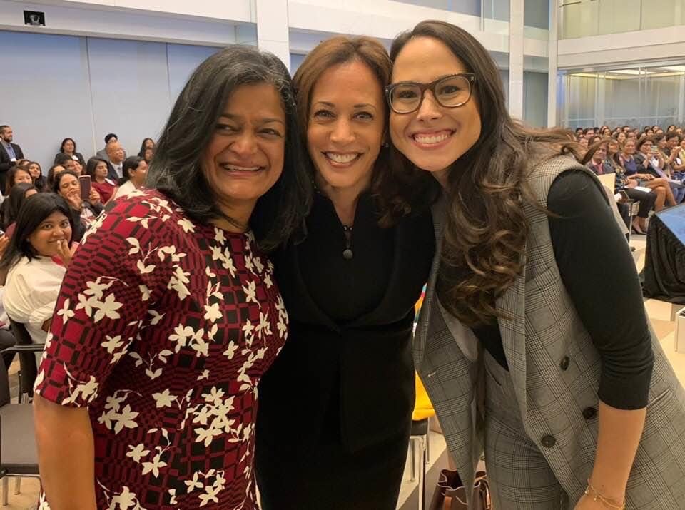 Rep. Pramila Jayapal, left, stands with Sen. Kamala Harris and her niece, Meena Harris. An earlier version of this photo caption misidentified Meena Harris.