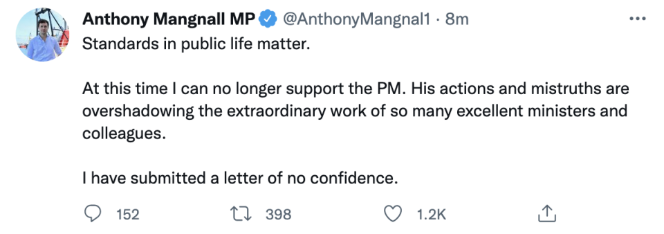 Anthony Mangnall has confirmed he has submitted a letter of no confidence (Twitter) 