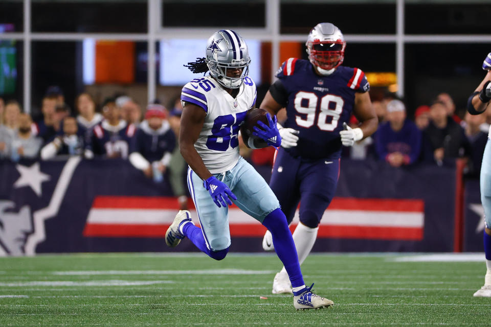 FOXBOROUGH, MA - OCTOBER 17:  Dallas Cowboys wide receiver Noah Brown (85) runs after the catch during the National Football League game between the New England Patriots and the Dallas Cowboys on October 17, 2021 at Gillette Stadium in Foxborough, MA.    (Photo by Rich Graessle/Icon Sportswire via Getty Images)