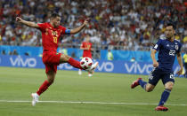 <p>Belgium’s Eden Hazard, left, challenges for the ball in front of Japan’s Maya Yoshida during the round of 16 match between Belgium and Japan at the 2018 soccer World Cup in the Rostov Arena, in Rostov-on-Don, Russia, Monday, July 2, 2018. (AP Photo/Petr David Josek) </p>