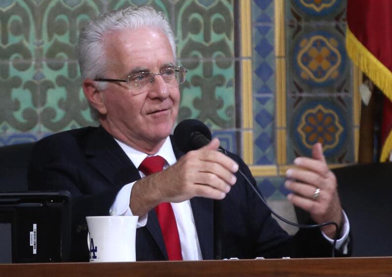 LOS ANGELES, NV - DECEMBER 12, 2023 - Los Angeles City Council President Paul Krekorian oversees a city council meeting at City Hall in Los Angeles on December 12, 2023. (Genaro Molina / Los Angeles Times)