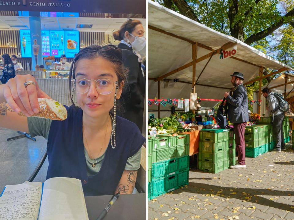 The author enjoys a cannoli (L) and passes a farmer's market (R) in Europe.