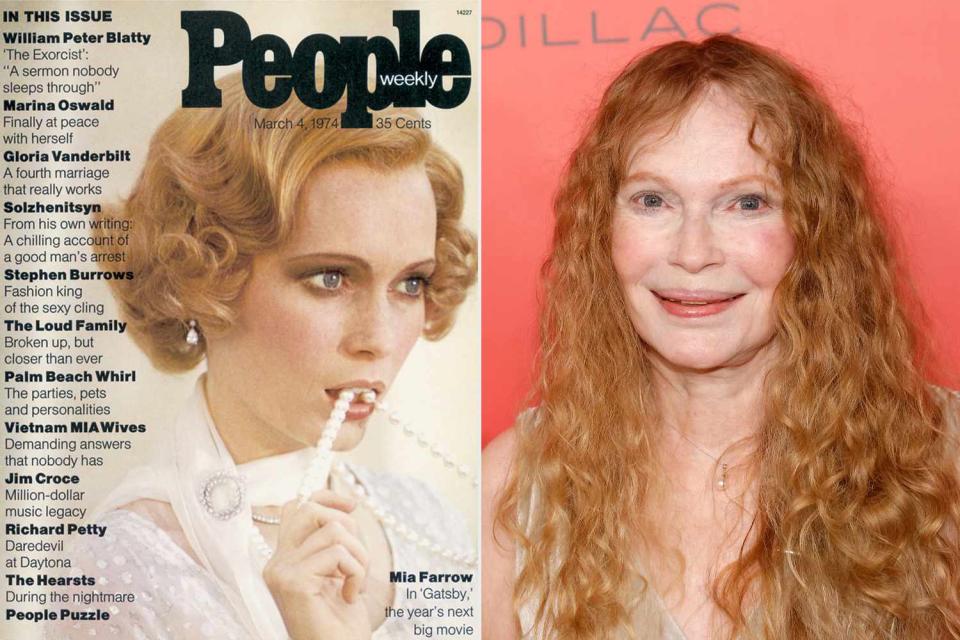 <p>PEOPLE, Taylor Hill/FilmMagic</p> Mia Farrow on the first cover of PEOPLE on March 4, 1974 (L) and in New York City on April 26, 2023