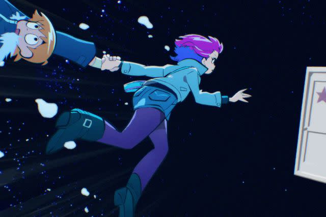 <p>Netflix</p> Scott Pilgrim (voiced by Michael Cera) and Ramona Flowers (voiced by Mary Elizabeth Winstead) in Netflix's <em>Scott Pilgrim Takes Off</em> (2023)