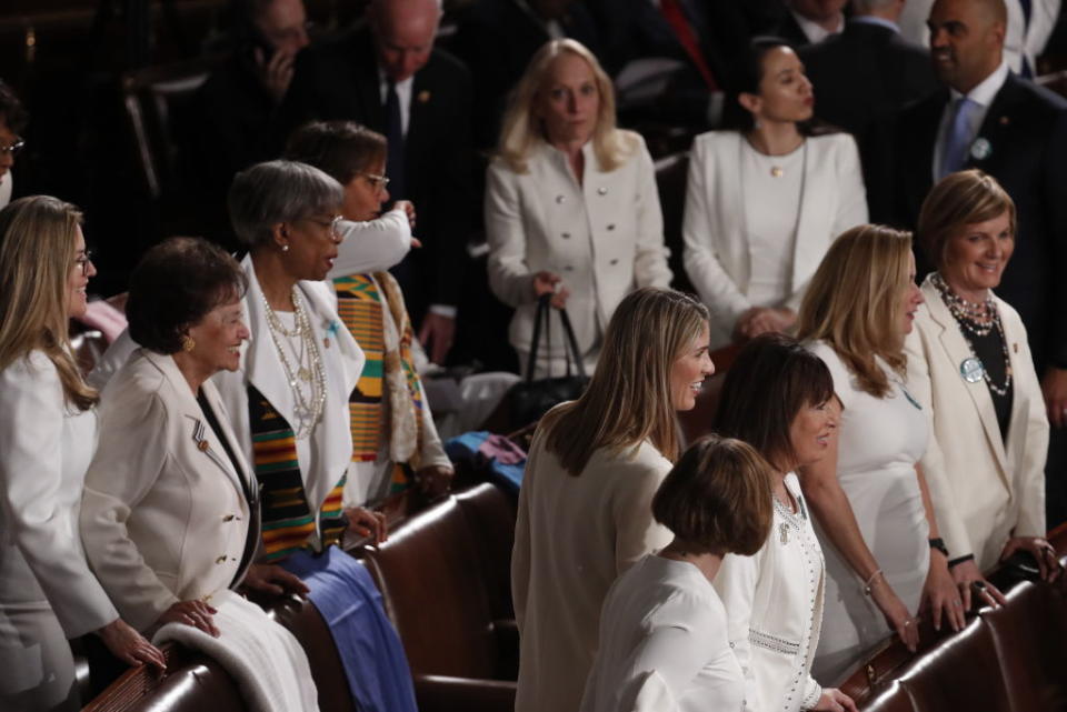 Democratic lawmakers dress in white as they arrive ahead of a State of the Union address to a joint session of Congress at the U.S. Capitol in Washington, D.C., U.S., on Tuesday, Feb. 4, 2020. | Andrew Harrer/Bloomberg via Getty Images