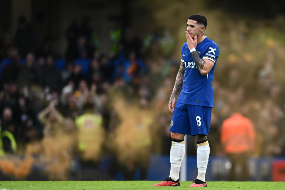 LONDON, ENGLAND - FEBRUARY 4: Enzo Fernandez of Chelsea FC during the Premier League match between Chelsea FC and Wolverhampton Wanderers at Stamford Bridge on February 4, 2024 in London, England. (Photo by Sebastian Frej/MB Media/Getty Images)