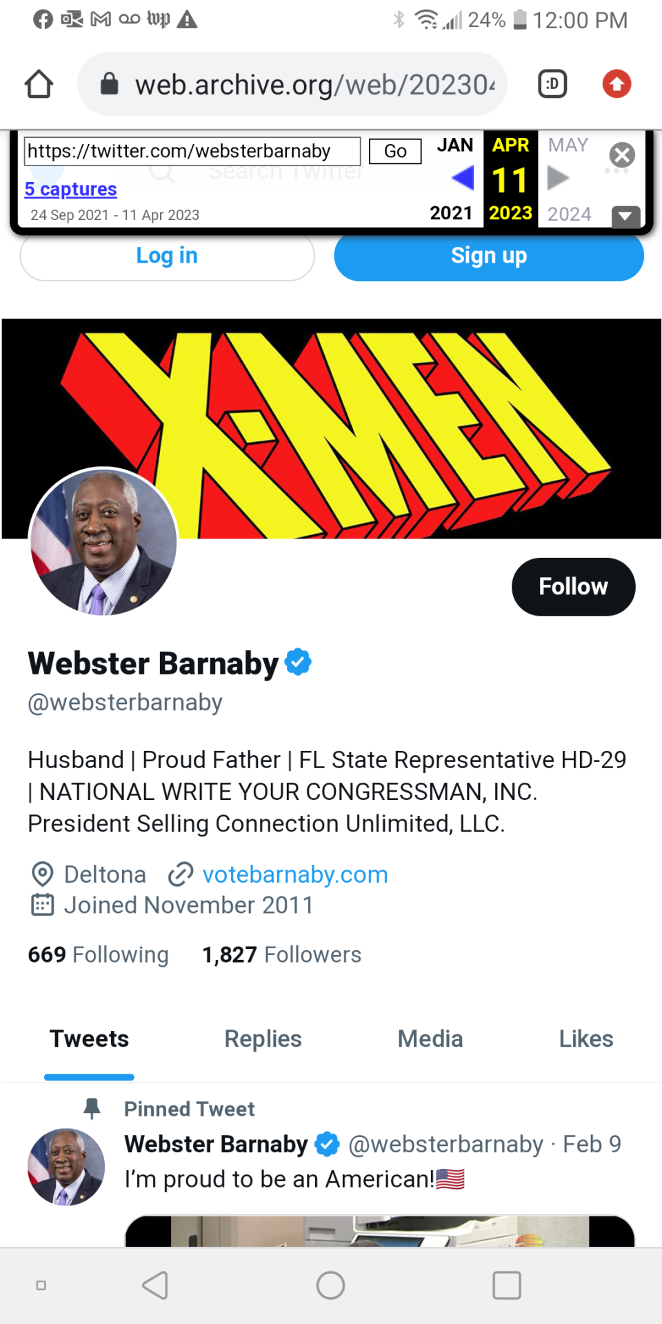 A screenshot shows an archived image of Webster Barnaby's Twitter on Monday, before the account was closed.