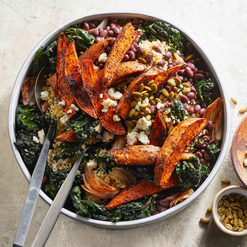 <p>Loaded with roasted sweet potatoes and shallots, black beans, quinoa, feta and pepitas, this salad makes for a satisfying meatless meal. Not only does massaging the kale tenderize it, it also helps the greens absorb more of the bright dressing. <a href="https://www.eatingwell.com/recipe/7913360/massaged-kale-salad-with-roasted-sweet-potato-black-beans/" rel="nofollow noopener" target="_blank" data-ylk="slk:View Recipe;elm:context_link;itc:0;sec:content-canvas" class="link ">View Recipe</a></p>