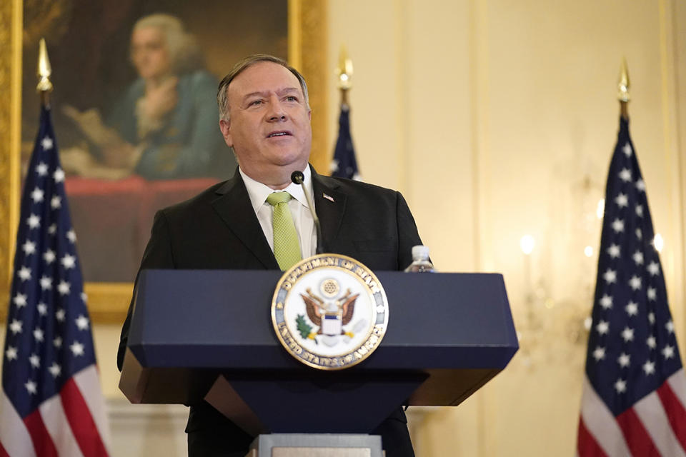 Secretary of State Mike Pompeo speaks during a news conference to announce the Trump administration's restoration of sanctions on Iran, Monday, Sept. 21, 2020, at the U.S. State Department in Washington. (AP Photo/Patrick Semansky)