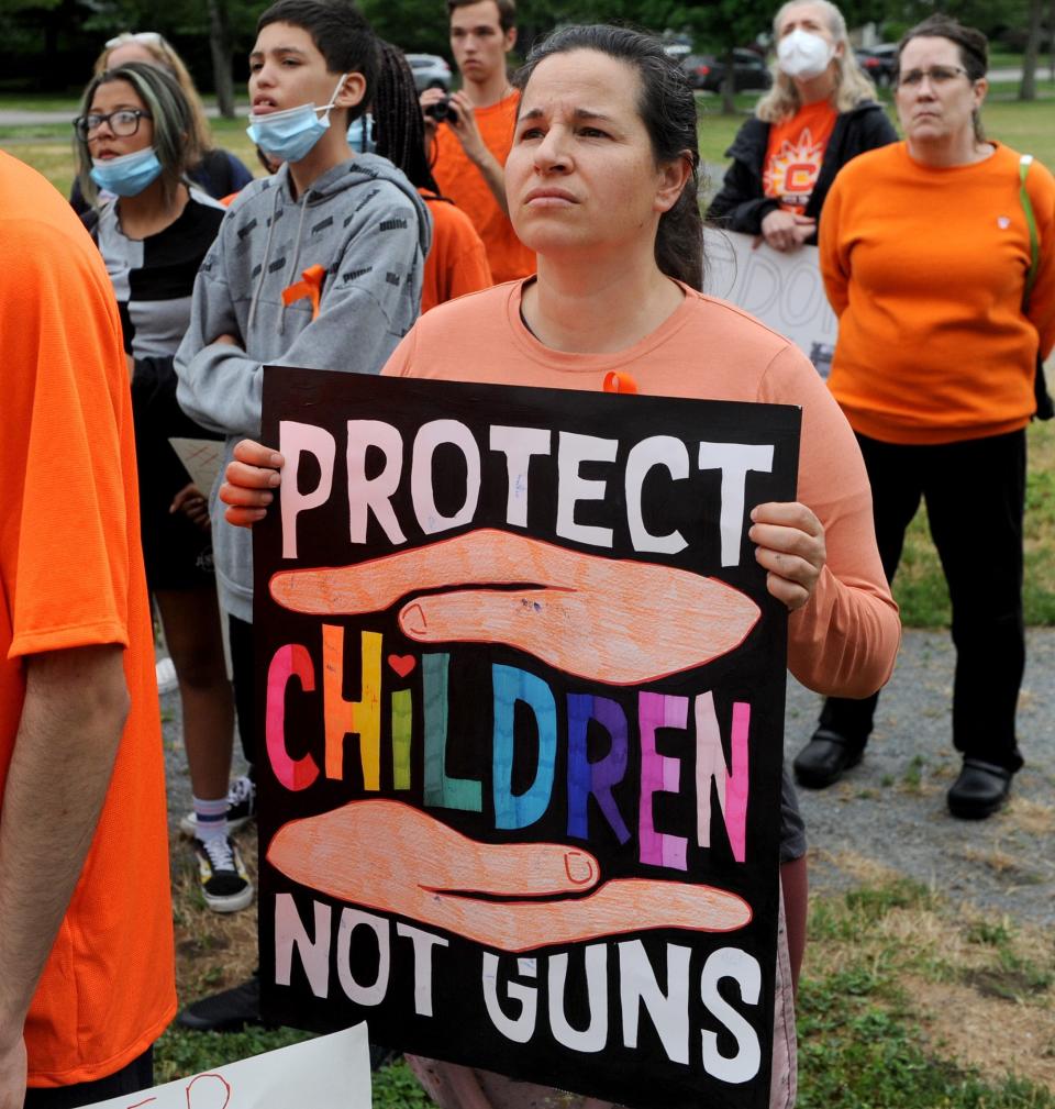 Demonstrators rally for gun control June 3 in Framingham, Mass.