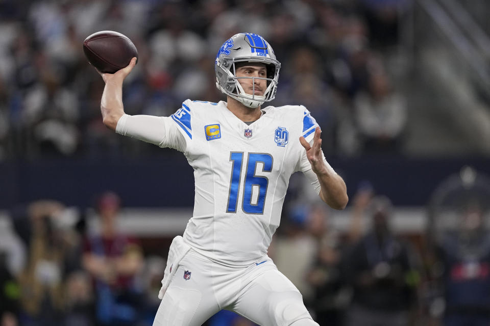 Detroit Lions quarterback Jared Goff throws a pass against the Dallas Cowboys during the first half of an NFL football game Saturday, Dec. 30, 2023, in Arlington, Texas. (AP Photo/Sam Hodde)