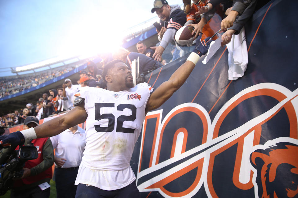 Chicago Bears linebacker Khalil Mack (52) celebrates a 16-6 win against the Minnesota Vikings at Soldier Field in Chicago on Sunday, Sept. 29, 2019. (John J. Kim/Chicago Tribune/Tribune News Service via Getty Images)