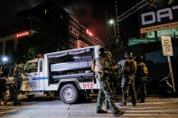 <p>Filipino soldiers take their position outside Resorts World Manila after gunshots and explosions were heard in Pasay City on June 2, 2017 in Manila, Philippines. (Photo: Basilio H. Sepe/Getty Images) </p>