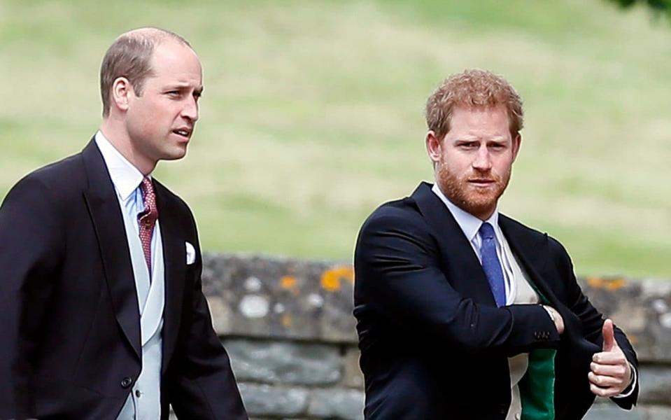 Prince William, left, and his brother Prince Harry arrive for the wedding of Pippa Middleton - AP