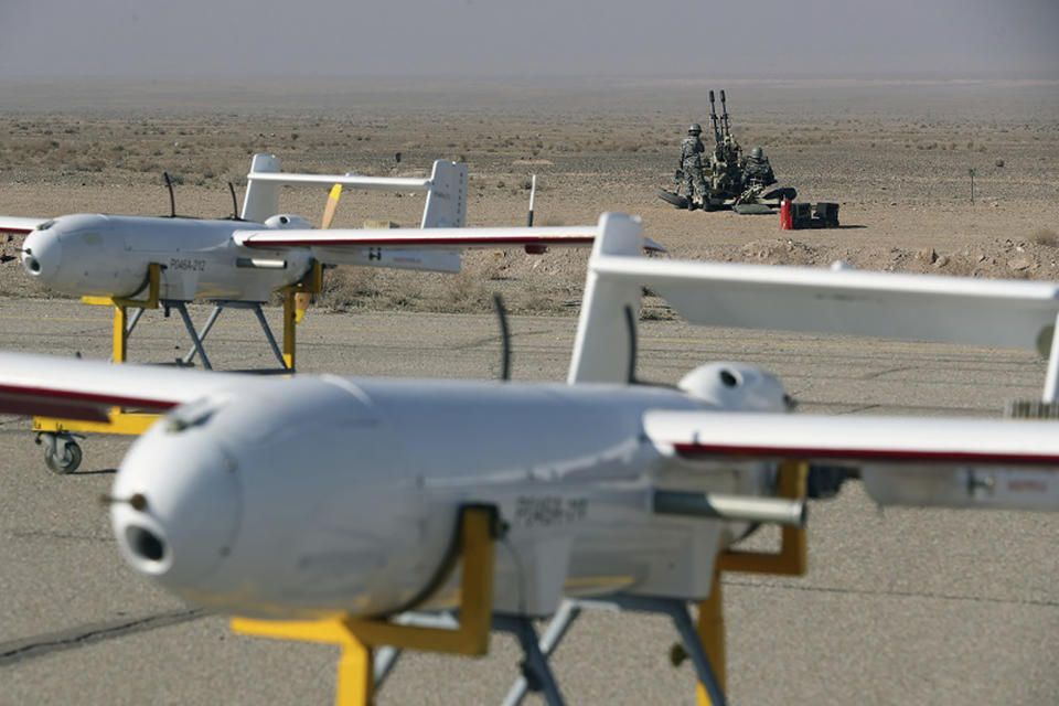 In this undated photo released on Monday, Jan. 4, 2021, by Iranian Army, drones are displayed ahead of a drill, Iran. The Iranian military on Tuesday, Jan. 5. 2021 began a wide-ranging, two-day aerial drill in the country's north, state media reported, featuring combat and surveillance unmanned aircraft, as well as naval drones dispatched from vessels in Iran's southern waters. (Iranian Army via AP)