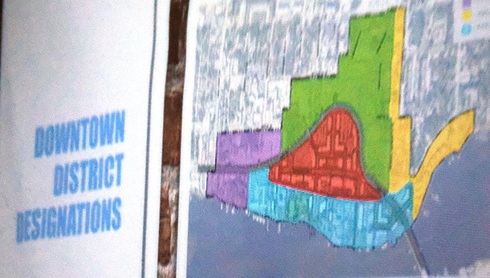 A map of various downtown zoning district designations was presented during a meeting to explain some preliminary ideas to update Fort Walton Beach's mater plan for the area.  The central business district is in red.