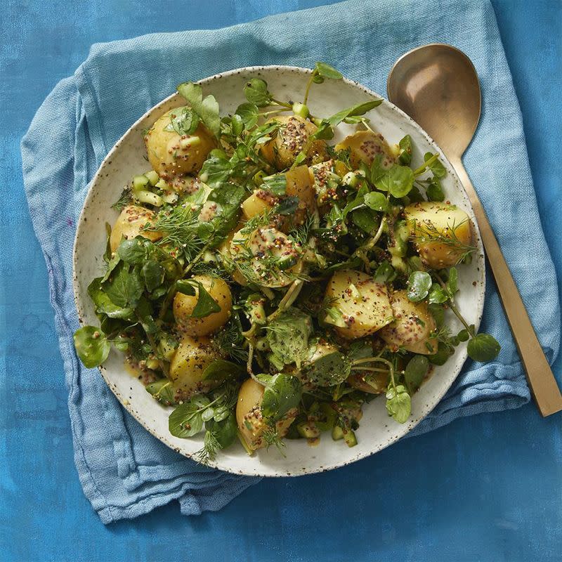 vegan thanksgiving recipes mustardy potato salad with watercress