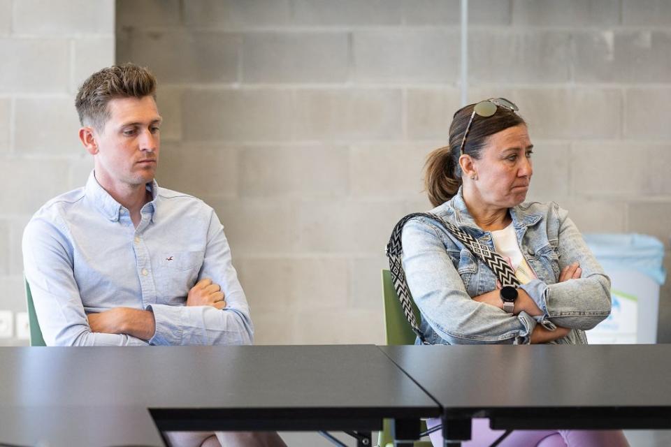 Belgian cyclist Toon Aerts and Fabienne mother of Belgian cyclist Shari Bossuyt attend a press conference concerning the positive doping test of Belgian cyclist Shari Bossuyt in Zwevegem on June 5 2023 Bossuyt 22 delivered a positive check  during a doping test on March 19 after winning stage three in the Tour of Normandy in Caen Shwe is temporarily suspended by her team CanyonSram Racing team The test conducted by the French antidoping agency AFLD found traces of letrozole metabolite in her urine Photo by JAMES ARTHUR GEKIERE  Belga  AFP  Belgium OUT Photo by JAMES ARTHUR GEKIEREBelgaAFP via Getty Images