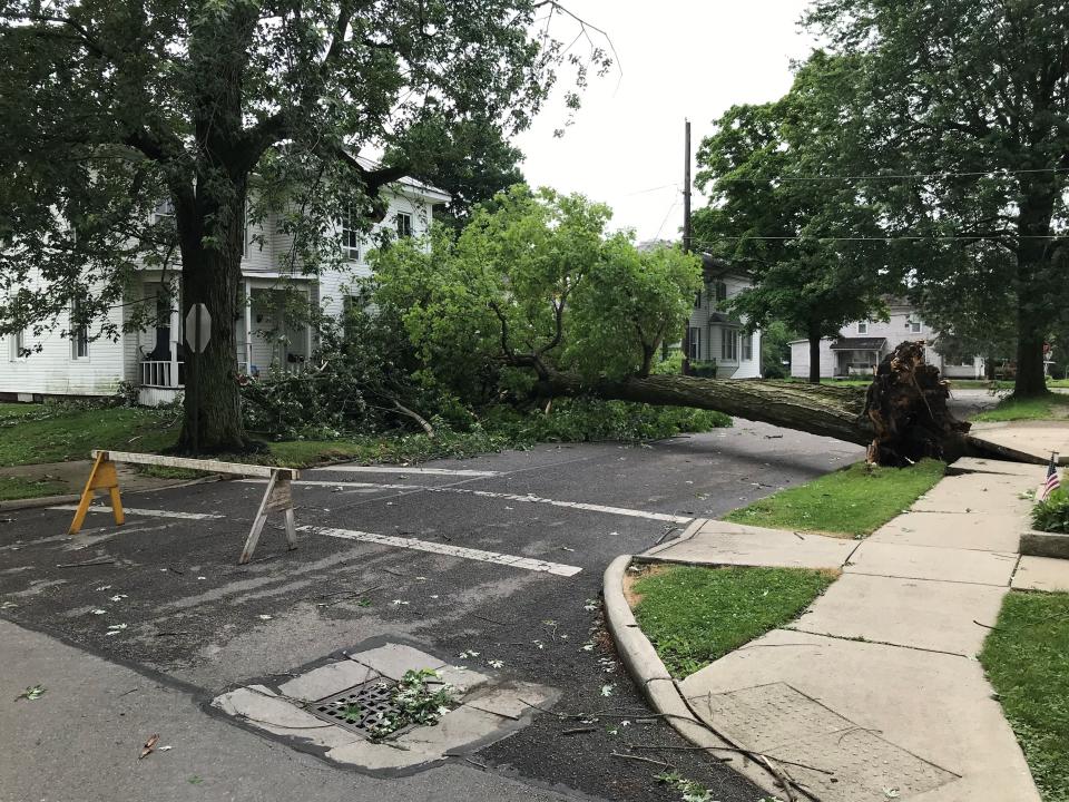 A tree blocks Wiley Street in Bucyrus near the intersection of Warren Street on Tuesday morning.