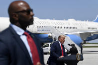 President Donald Trump speaks during an event at Burke Lakefront Airport in Cleveland, Ohio, Thursday, Aug. 6, 2020. (AP Photo/Susan Walsh)