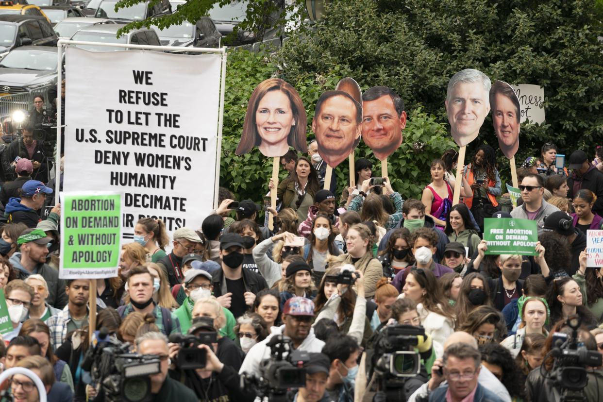 Protestors are pictured at a pro-choice rally in Foley Square Tuesday, May 3, 2022 in Manhattan, New York. 