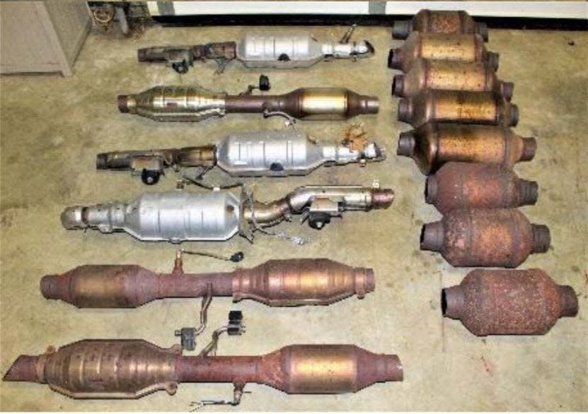 Middletown police said 14 catalytic converters were found inside a rental vehicle on Route 1 earlier this month. Investigators believe the converters were stolen.