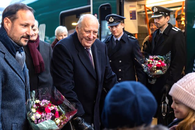 Per Ole Hagen/Getty (From left) Crown Prince Haakon and King Harald of Norway inaugurate the Double-Track Express Line between Oslo and Ski on December 12, 2022.