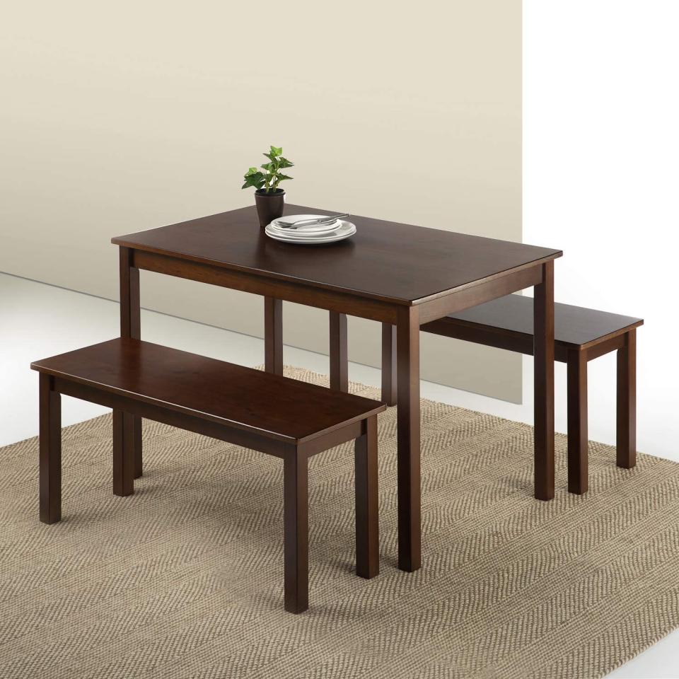 Zinus Espresso Wood Dining Table with 2 Benches / 3 Piece Set. Image via Amazon.