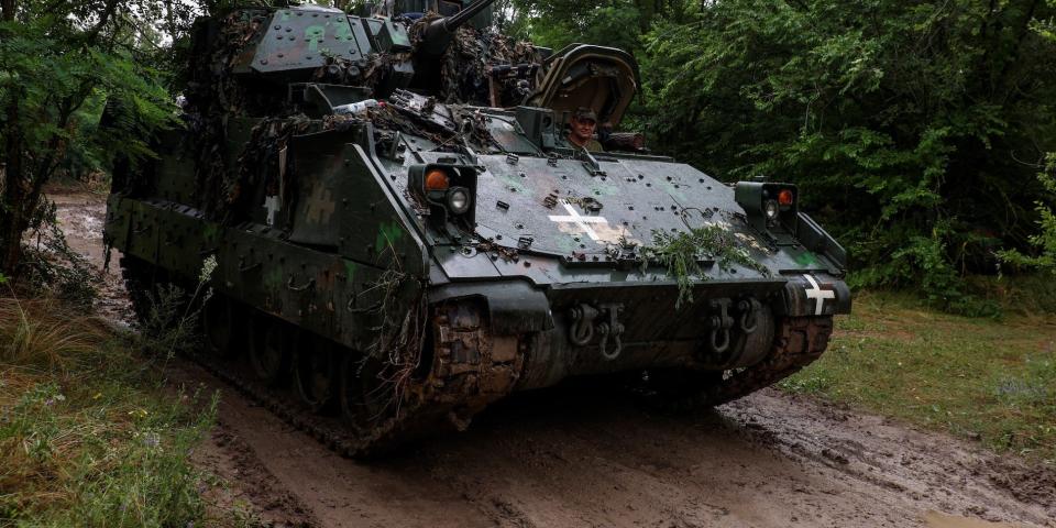 A Ukrainian serviceman of the 47th Magura Separate Mechanised Brigade drives a M2 Bradley infantry fighting vehicle at a position near a front line in Ukraine’s Zaporizhzhia region.