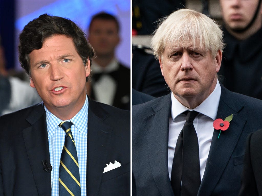 A composite image of Tucker Carlson and Boris Johnson.