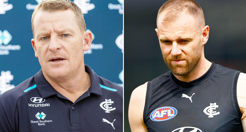 Pictured left to right, Carlton AFL coach Michael Voss and Sam Docherty.