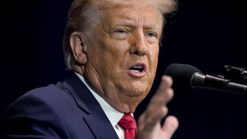 Former President Donald Trump addresses an audience during a campaign event on Monday, Oct. 9, 2023, in Wolfeboro, N.H.