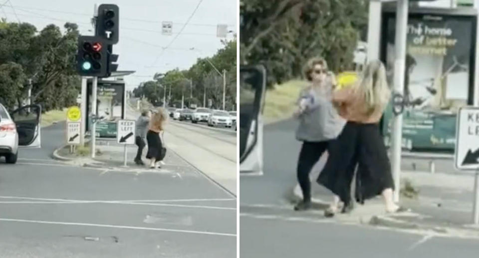 Two video stills of two women fighting on a busy road in Elwood, Melbourne over an alleged road rage incident.