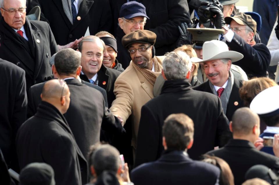 President Barack Obama shakes hands with Rep. Bobby Rush, D-Ill., after being sworn in as the 44th president of the United States at the 56th Inaugural, January 20, 2009. (Photo By Tom Williams/Roll Call/Getty Images)