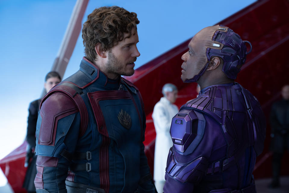 (L-R): Chris Pratt as Peter Quill/Star-Lord and Chukwudi Iwuji as The High Evolutionary in Marvel Studios' Guardians of the Galaxy Vol. 3. Photo by Jessica Miglio. © 2023 MARVEL.