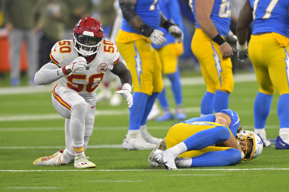 Kansas City Chiefs linebacker Willie Gay, left, celebrates after sacking Los Angeles Chargers quarterback Justin Herbert during the second half of an NFL football game Sunday, Nov. 20, 2022, in Inglewood, Calif. (AP Photo/Jayne Kamin-Oncea)