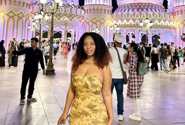 Texas resident Tierra Allen poses for a photo in front of the Global Village attraction in Dubai, United Arab Emirates, in a photo posted to her Facebook account in March 2023. / Credit: Tierra Allen/Facebook